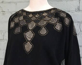 Vintage 80s Black Novelty Sweater: Snakeskin Applique Jumper - Medium