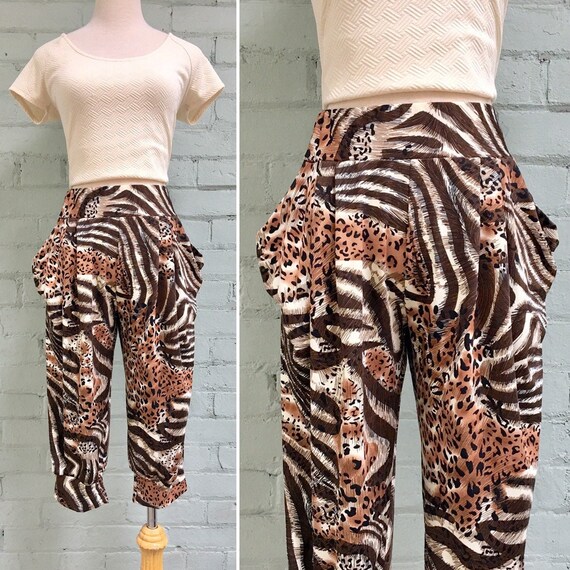 1980s High Waisted Cropped Leapord Print Trousers