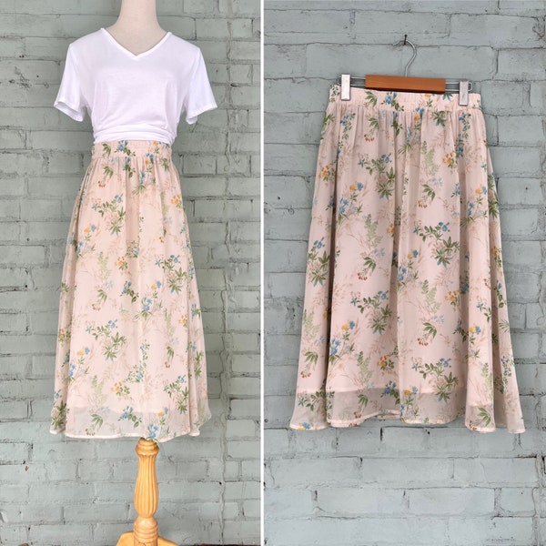 vintage 1970s floral midi skirt 70s flowy a-line skirt boho ethereal romantic coquette cottagecore skirt / medium