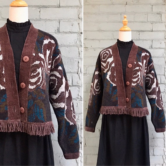 vintage 1980s cropped chenille cardigan / 80s flor