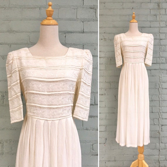 vintage 1980s floral embroidered dress / 80s boho