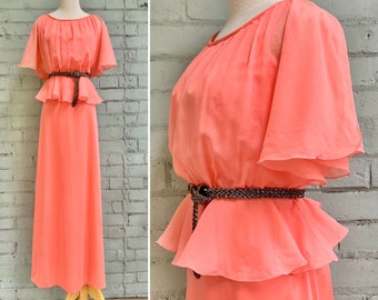 vintage 1960s boho maxi dress 60s peach flutter sleeve evening gown mod pretty romantic coquette dress / small