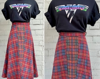 vintage 1970s plaid midi skirt 70s novelty print knit circle skirt mod preppy casual jersey knit academia skirt / large