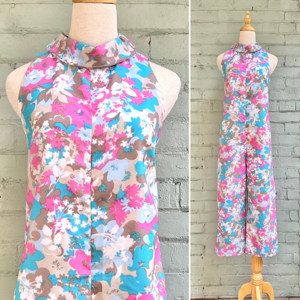 vintage 1960s floral jumpsuit 60s mod sleeveless wide leg romper groovy boho hippie psychedelic jumpsuit / petite small