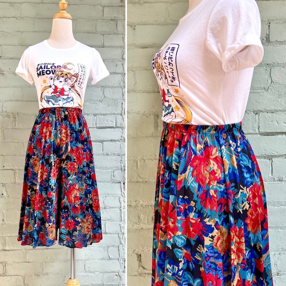 Vintage 1970s Floral Wide Leg Culottes 70s High Waisted Knee