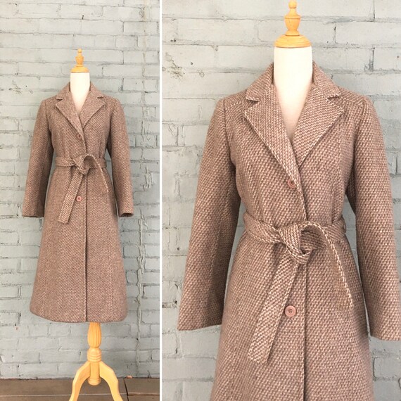 vintage 1970s long wool coat / 70s belted tweed co