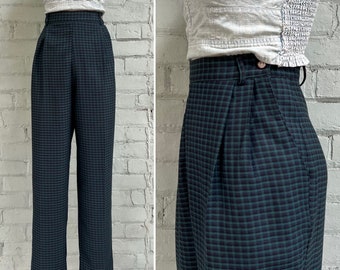 vintage 1980s plaid high rise pants 80s pleated straight leg trousers preppy hipster mod academia tartan slacks / medium