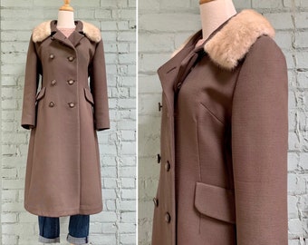 vintage 1960s mod wool coat / 60s long fur collar overcoat / retro double breasted evening great coat
