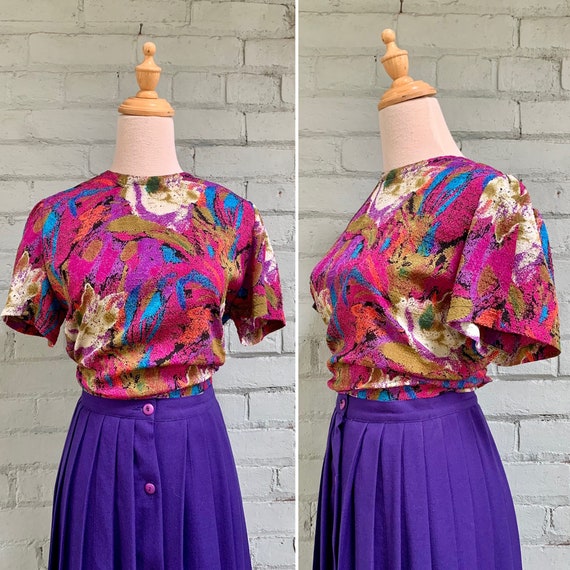 vintage 1980s novelty print short sleeve blouse /