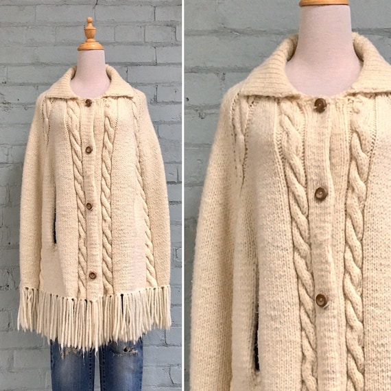 vintage 1970s cream knit wool poncho / 70s fringe