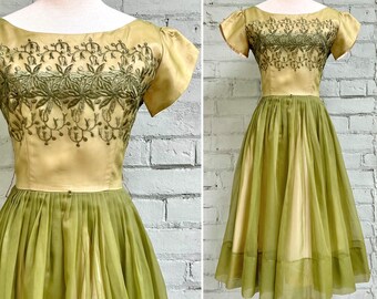 vintage 1960s organza party dress 60s floral embroidered fit flare dress mod full circle cocktail evening tea gown / small