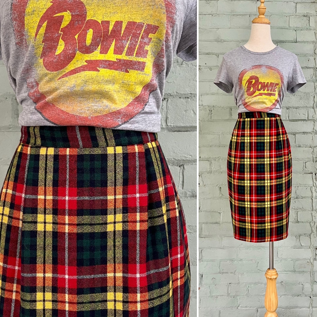 Vintage 1980s Wool Plaid Pencil Skirt 80s High Waisted Tartan Knee Length Skirt Classic Mod
