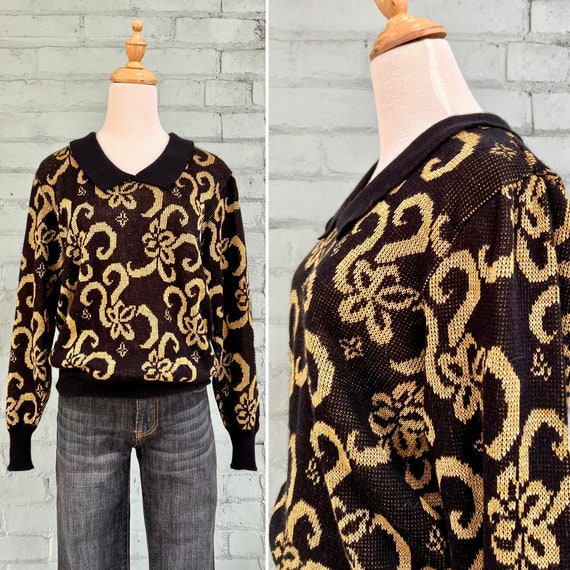 vintage 1980s metallic novelty  print sweater bla… - image 1