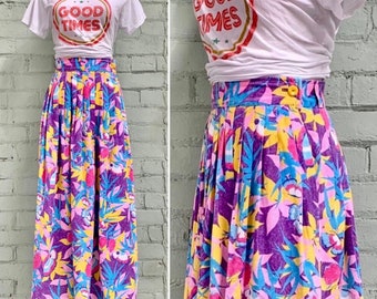 vintage 1980s floral pleated midi skirt 1980s novelty print summer skirt pretty mod cottagecore flowy skirt / medium