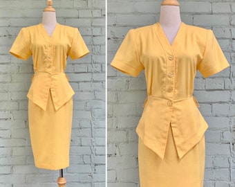 vintage 1980s suit dress 80s midi short sleeve peplum dress mod classic ladies power suit dress / small