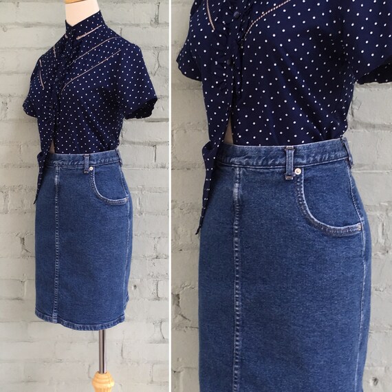80s denim skirt outfit
