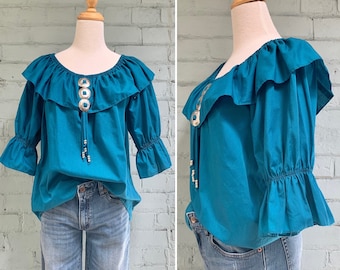 vintage 1970s ruffle western blouse 70s bolo tie prairie smock shirt southwestern country cottagecore pullover / medium