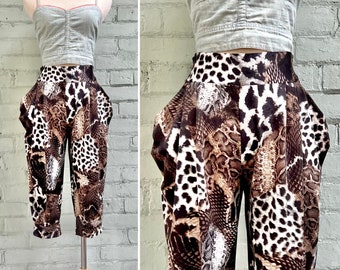 vintage 1980s animal print capri pants 80s boho harem cropped pants fun unique loungewear casual knickers / medium