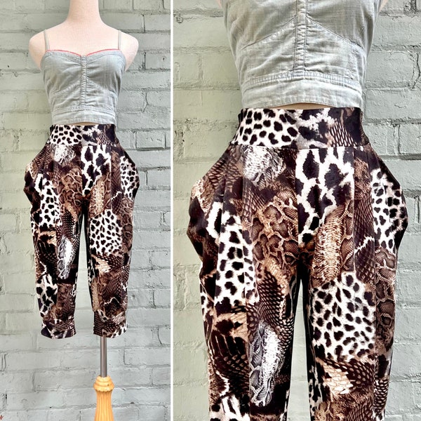 vintage 1980s animal print capri pants 80s boho harem cropped pants fun unique loungewear casual knickers / medium