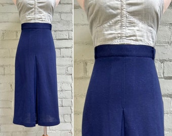 vintage 1970s navy knit skirt / 70s front pleat midi skirt / classic secretary academia preppy / size large