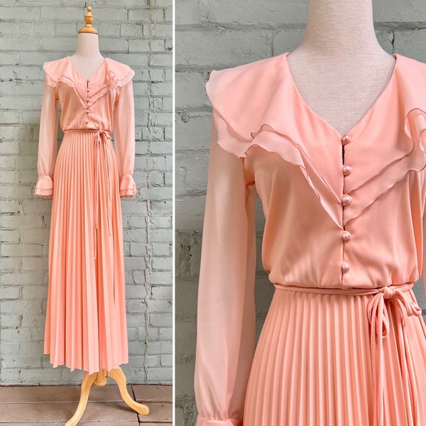 vintage 1960s peach flutter sleeve maxi party dress 60s mod ruffle chiffon collar party evening gown / small