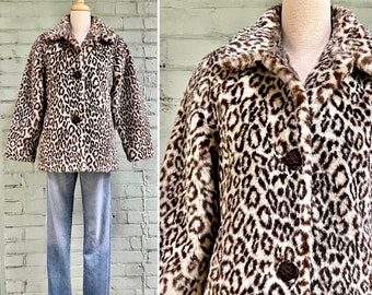 vintage 1980s faux fur animal print coat 80s short leopard print vegan fun fur jacket mod swing evening cocktail coat / medium