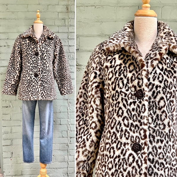 vintage 1980s animal print faux fur coat 80s short leopard print vegan fun fur jacket mod swing evening cocktail coat / medium