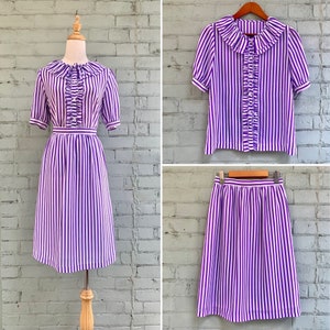 vintage 1970s striped 2 piece set / 70s ruffle blouse skirt dress set / retro pretty puff sleeve midi matching coordinates