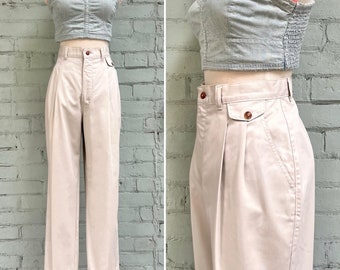 vintage 1980s high waisted chino pants 80s pleated khaki straight leg slacks preppy casual cotton twill trousers / large