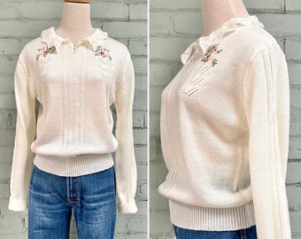 vintage 1980s cream floral long sleeve sweater / 80s embroidered Peter Pan collar knit pullover / preppy polo pointelle jumper / small