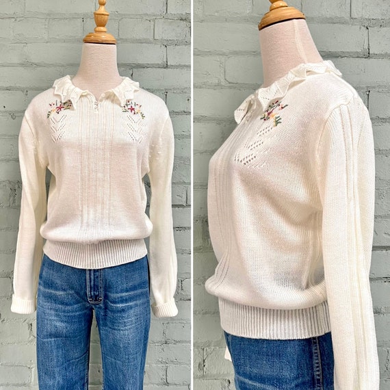 vintage 1980s cream floral long sleeve sweater / … - image 1