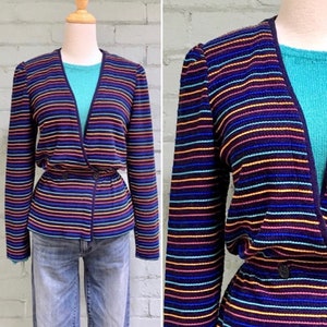 Vintage 80s Striped Peplum Cardigan: Double Breasted Knit Blazer