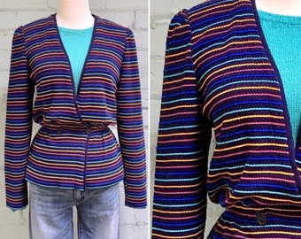 vintage 1980s striped peplum jacket 80s long sleeve knit cardigan blazer double breasted classic casual preppy sweater / medium