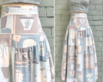 vintage 1980s novelty print midi skirt 80s yolk waist cactus print skirt casual cotton fashion skirt / extra small