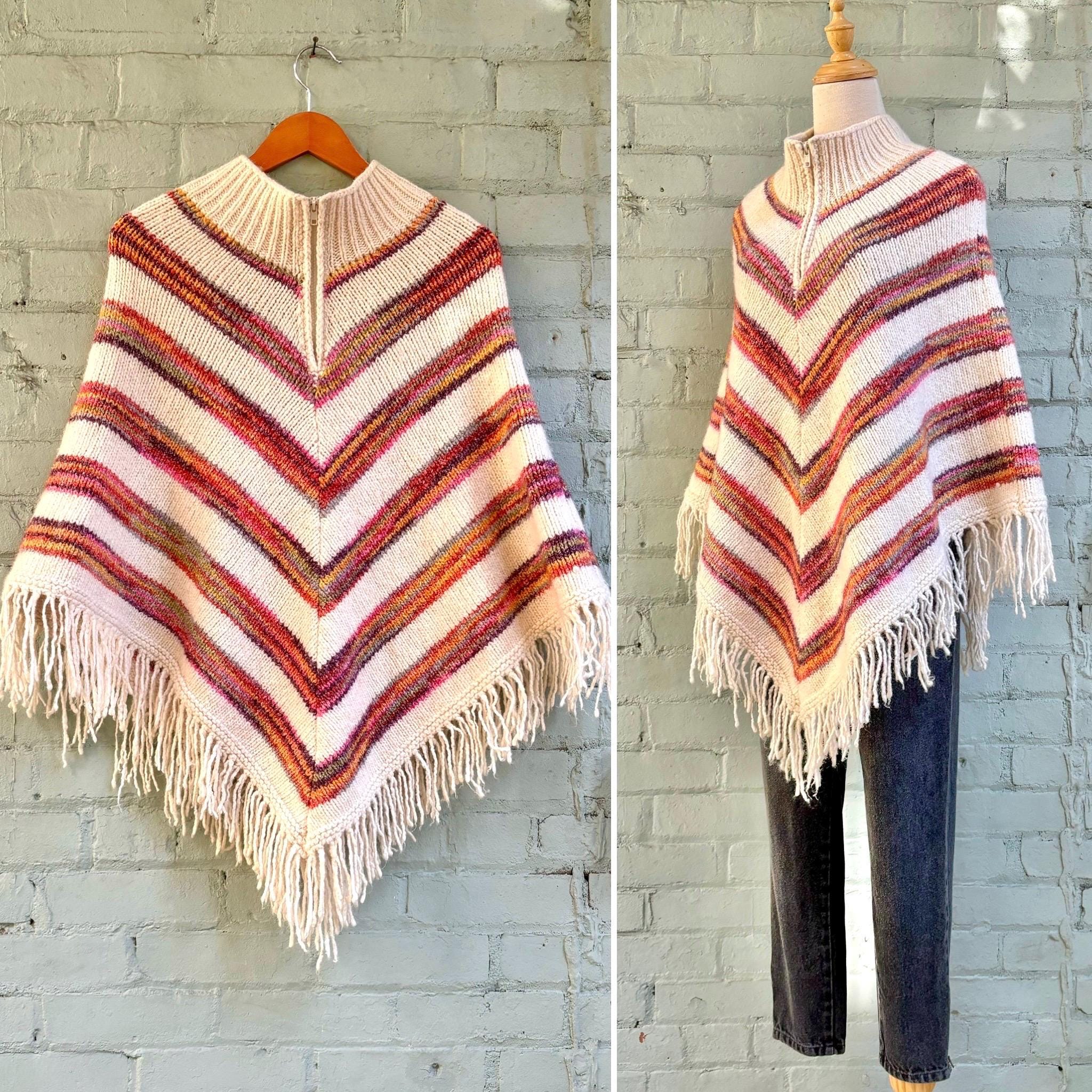 Vintage 1970s Striped Wool Poncho 80s Quarter Zip Fringe