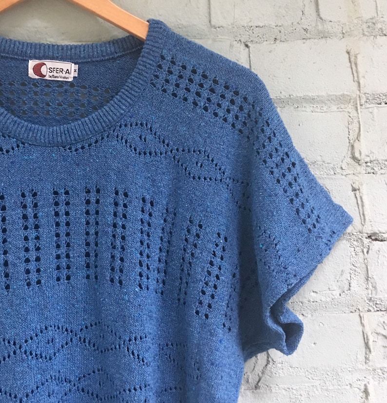 vintage 1970s pointelle sweater 70s navy sweater vest open weave knit tee layering lightweight sweater