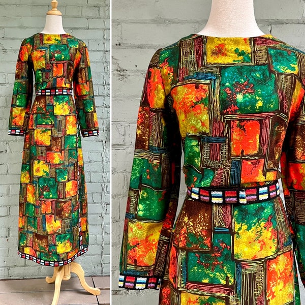 Robe de cocktail maxi mod vintage des années 60, psychédélique des années 60, 70, bohème pleine longueur, ceinturée, robe de soirée abstraite imprimée élégante, bal des finissants / petite