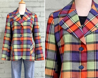 vintage 1970s plaid suit blazer 70s wide collar tailored sportscoat classic boho mod casual fitted leisure blazer / large