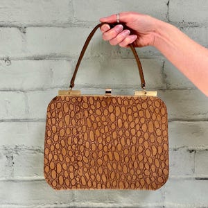 Bolso vintage de los años 60 con estampado de cocodrilo sintético, estilo clásico de los años 50 y 60, estilo secretaria, con asa superior.