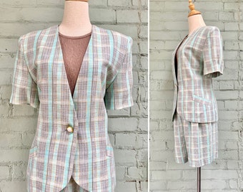 vintage 1980s plaid summer shorts suit 80s madras blazer shorts 2 piece set resort cruise matching coordinate separates / medium