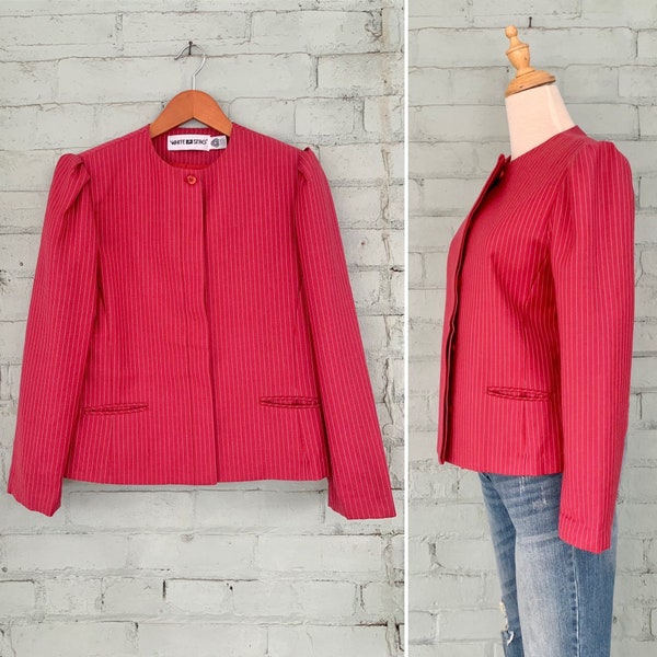 vintage 1980s wool pinstripe blazer 80s collarless suit jacket mod classic office secretary fashion blazer / medium