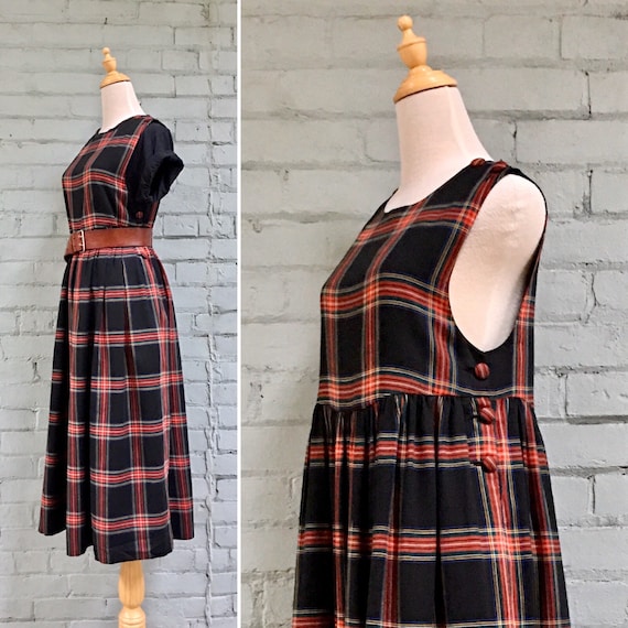 vintage 1980s plaid pinafore dress / 1980s midi t