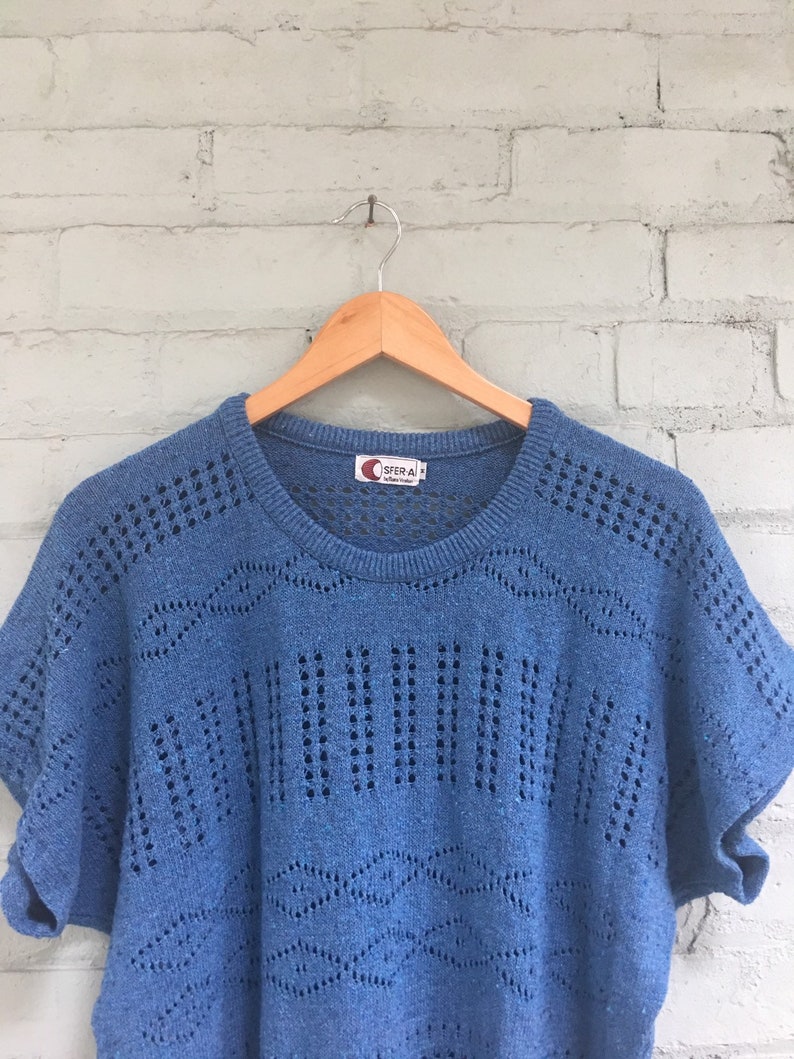 vintage 1970s pointelle sweater 70s navy sweater vest open weave knit tee layering lightweight sweater