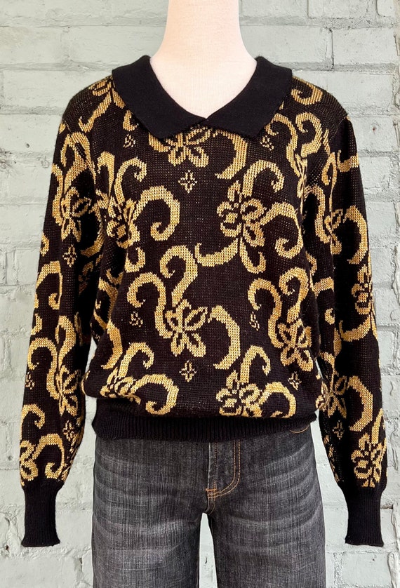 vintage 1980s metallic novelty  print sweater bla… - image 2