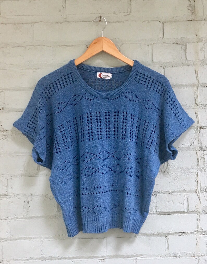vintage 1970s pointelle sweater 70s navy sweater vest open weave knit tee layering lightweight sweater