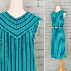 vintage 1970s striped sweater dress 70s sleeveless midi knit dress mod boho casual secretary day dress / small