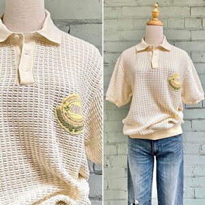 LOUIS VUITTON Beige Knit Collared Button Down Sheer - Depop