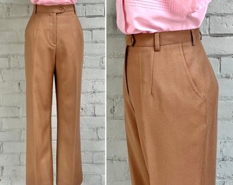 vintage 1980s pleated wool pants 80s tan dress trousers high waisted straight leg cropped pants classic mod academia preppy / large