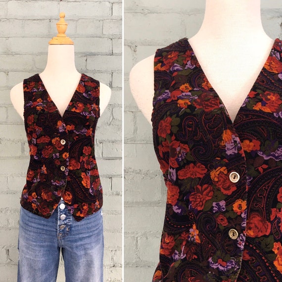 Vintage 1980s floral velvet vest / 80s paisley ves