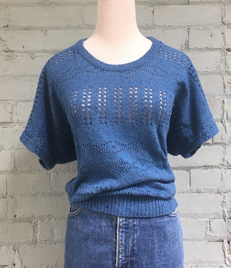 vintage 1970s pointelle sweater 70s navy sweater vest open weave knit tee layering lightweight sweater